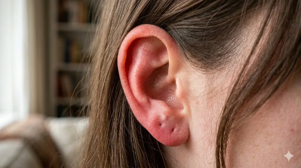 close-up photo of a real person's red flushed ear with natural hair visible, representing the physical sensation of ear burning