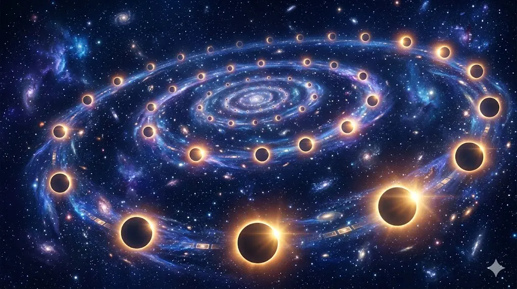 a spiraling cosmic timeline showing repeating eclipse cycles over eighteen years, illustrating the spiritual pattern of endings and new beginnings