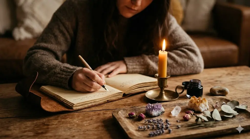 a person writing in a journal by candlelight during eclipse season, crystals and dried flowers on the table, representing spiritual reflection and personal transformation