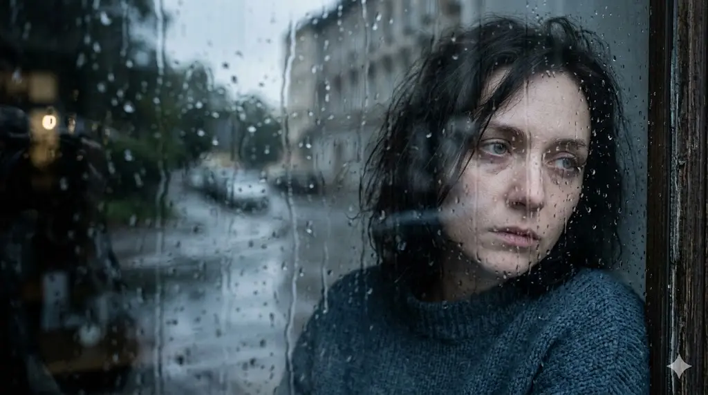 close-up of a person staring through a rain-covered window with a distant expression, cool gray tones representing emotional detachment