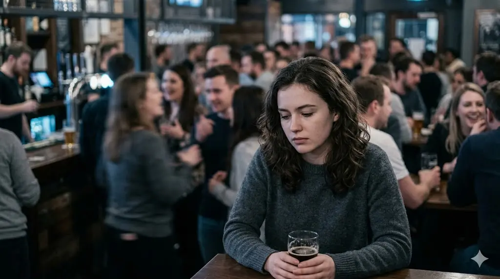 close-up of a person looking down with a pensive expression in a social setting, blurred crowd in the background, cool desaturated tones