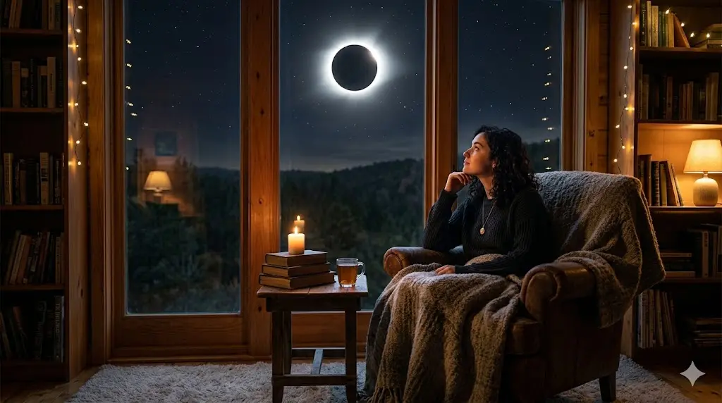 a person sitting alone by a window at night looking at the sky during eclipse season, expression of quiet contemplation and emotional transition