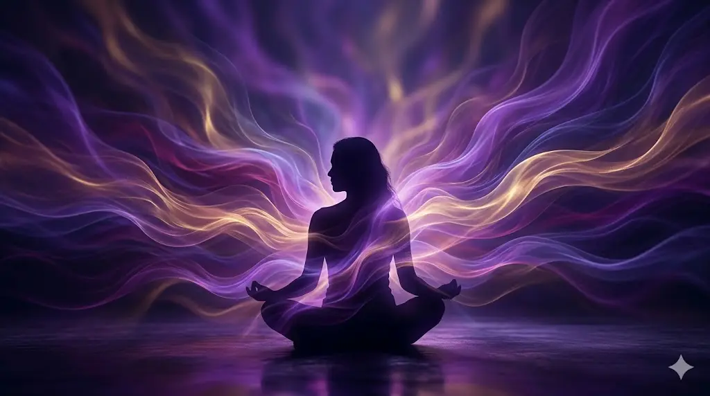 abstract visualization of emotional energy releasing from a person during meditation, soft light waves and gentle colors representing inner healing