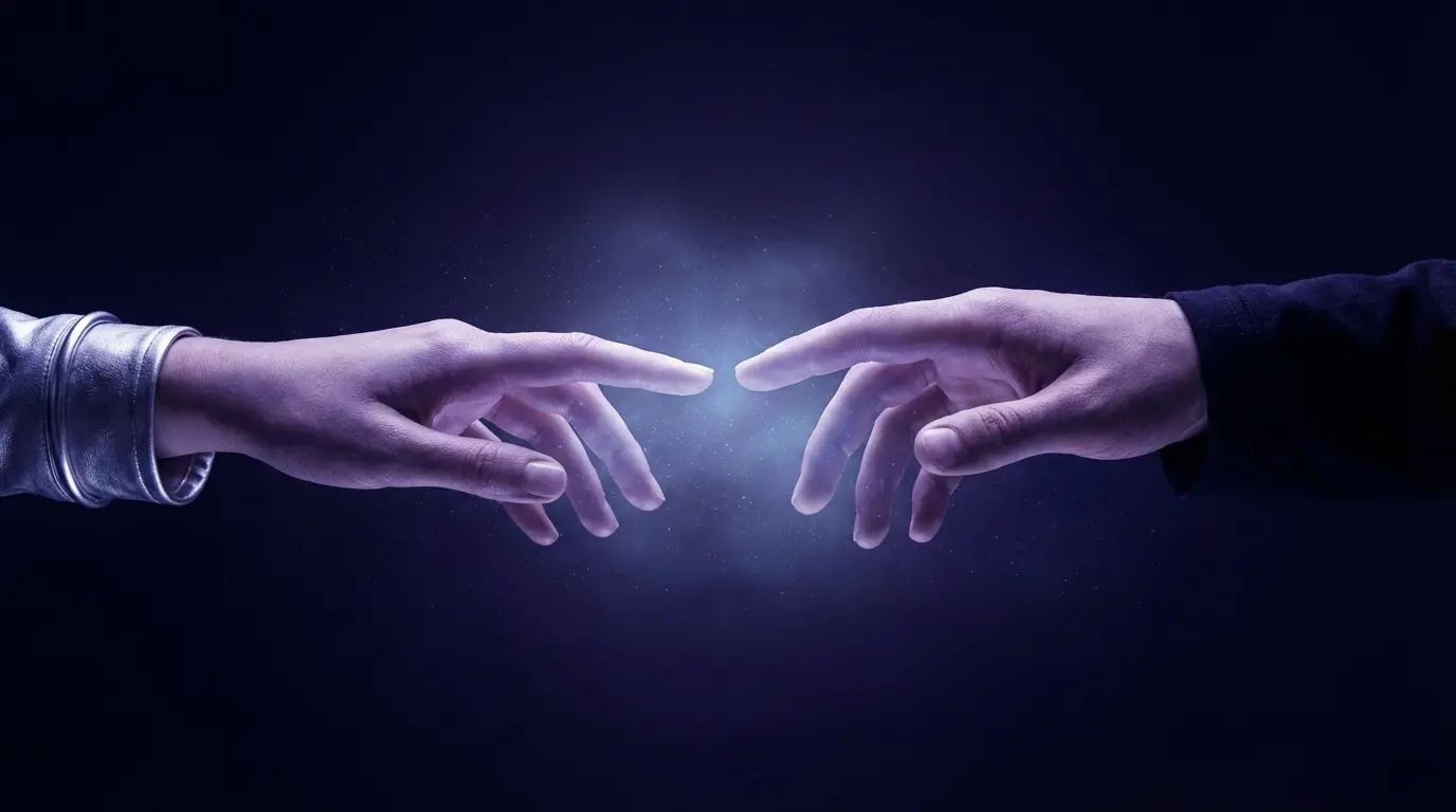  two hands almost touching across a dark space with a soft blue light emanating from the point between them, symbolizing an energetic connection between two people separated by distance