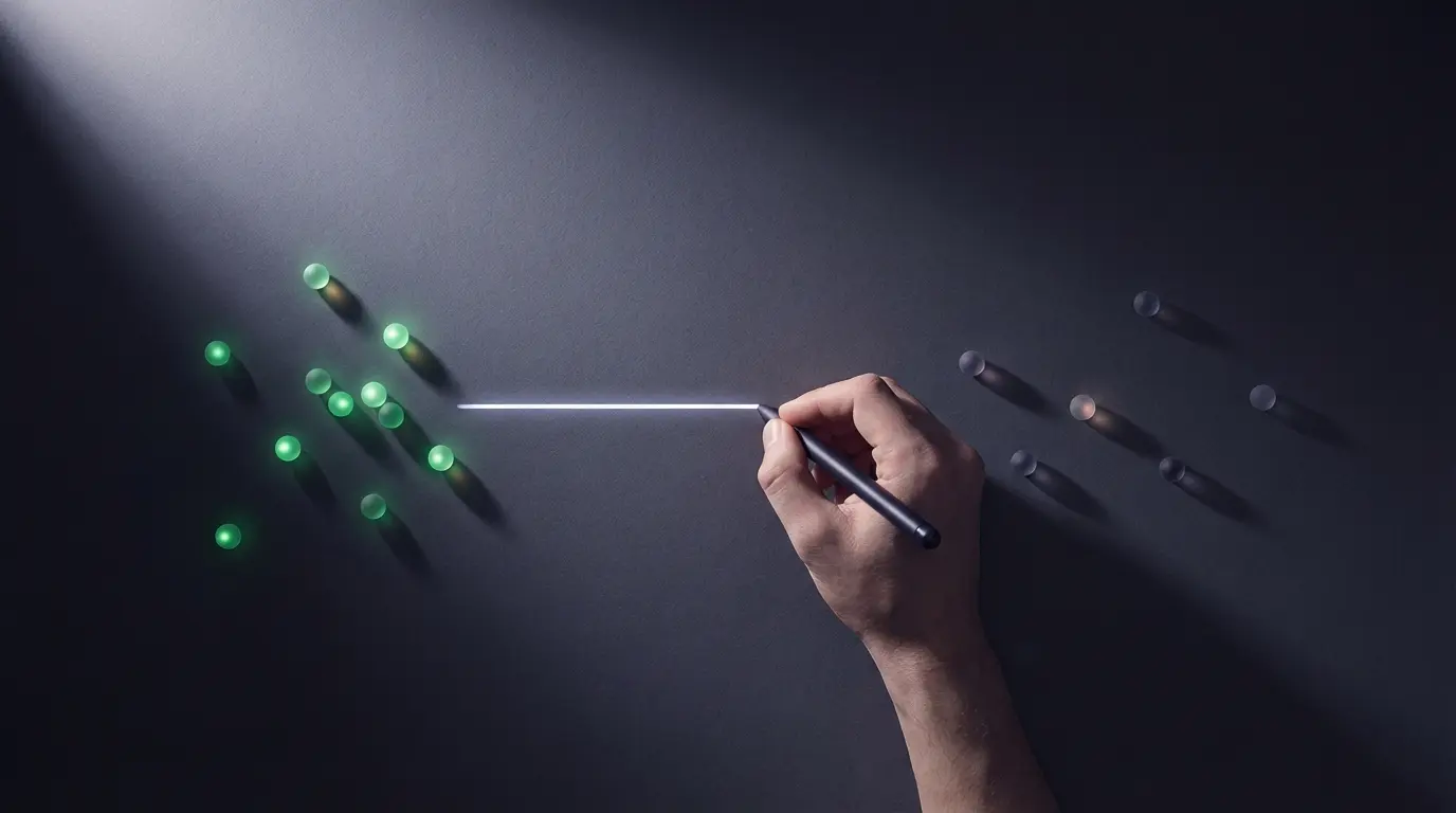 overhead view of a person's hand drawing a dividing line on a dark surface between two groups of small glowing orbs, green orbs on one side and dim gray orbs on the other, representing an energy audit of relationships