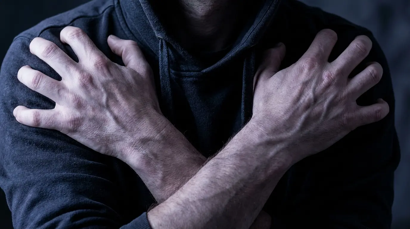 close-up of a person's hands gripping their own shoulders in a self-protective posture, cool blue-gray light casting deep shadows, representing the physical impact of energy draining on an empath