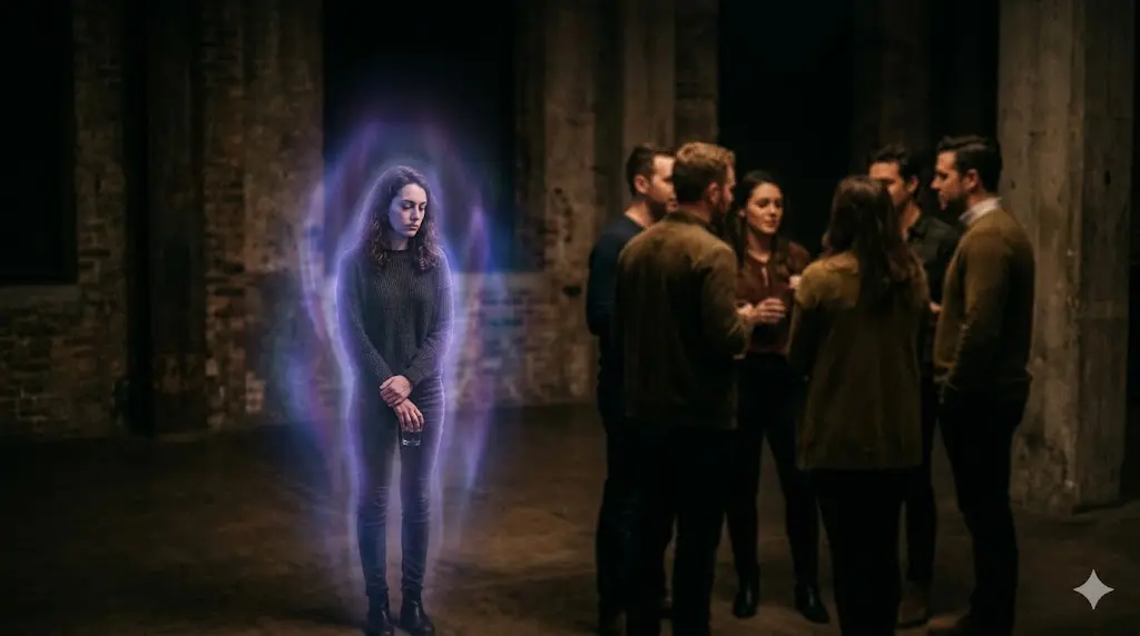 abstract image of a person surrounded by a glowing energy field standing apart from a group, symbolizing frequency mismatch and spiritual growth