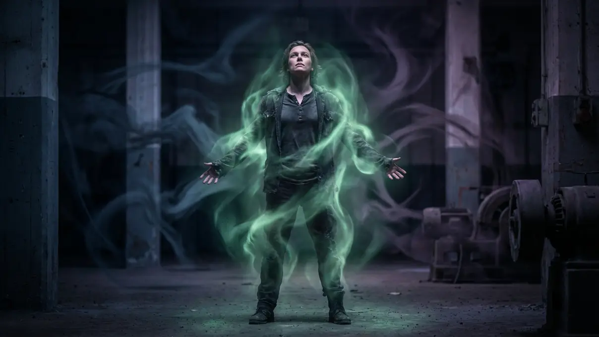 person standing with arms slightly open and a visible emerald green energy field reforming around their body, dark background with fading violet shadows behind them, representing successful energy recovery after a vampire detox