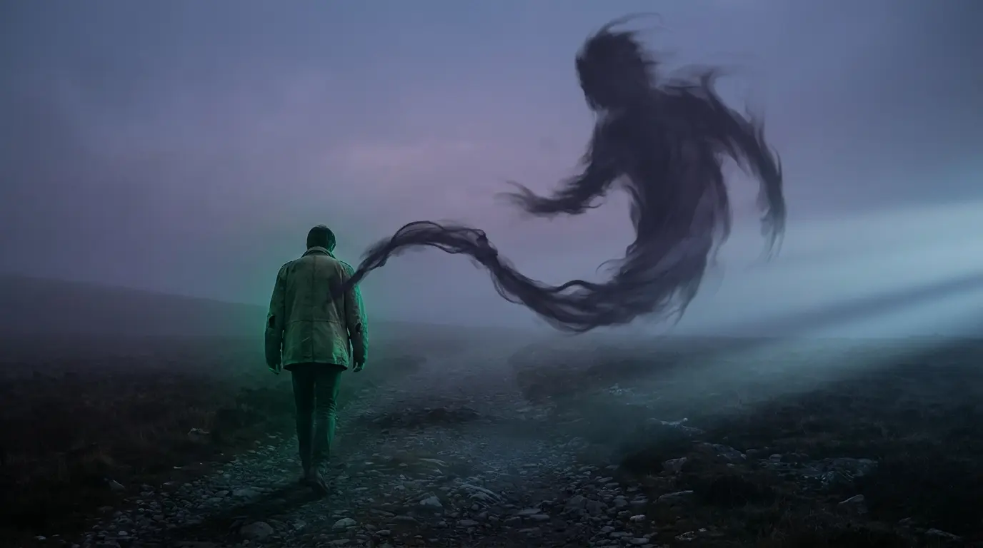 person walking away from a dark shadow but the shadow stretches and remains attached to them like a tether, cool violet and gray tones, representing the myth that simply walking away resolves energy draining