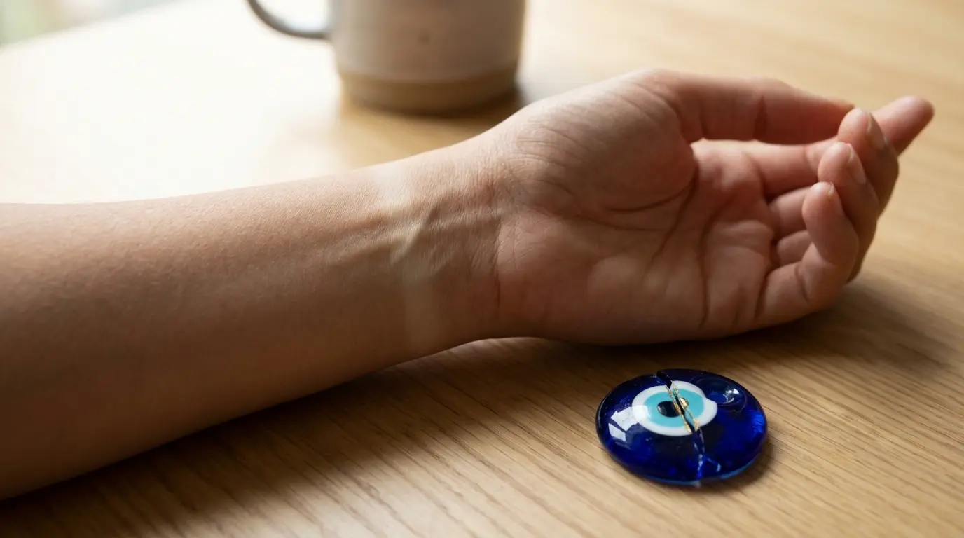 close-up of a woman's bare wrist with a faint tan line where an evil eye bracelet used to be, a single broken blue nazar bead resting on the table beside her hand