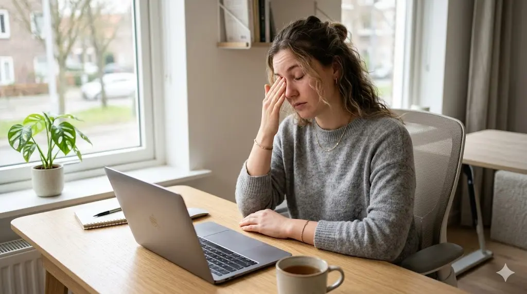 woman rubbing her eyes at a desk with soft natural light, looking fatigued, representing medical causes of eye twitching