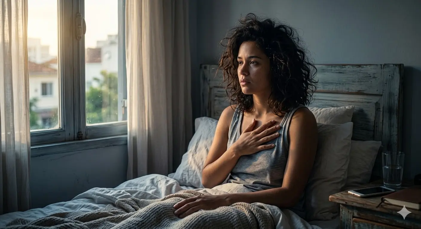 person sitting quietly in bed after waking from a vivid dream feeling fearful