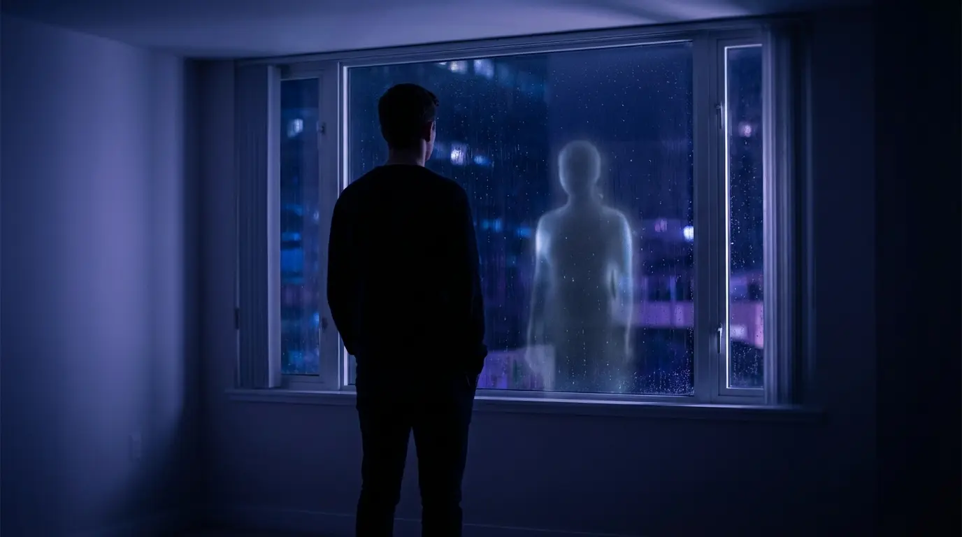  a single person standing in a softly lit room looking toward a window at night, a faint luminous outline of another person visible in the glass reflection, suggesting a felt presence from afar