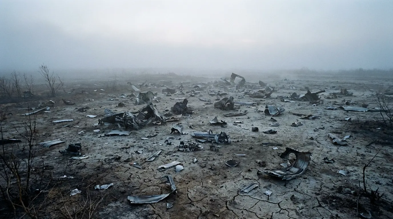 scattered airplane debris in a misty barren landscape at dawn with pale cold light filtering through fog, representing the aftermath of a symbolic plane crash in a dream