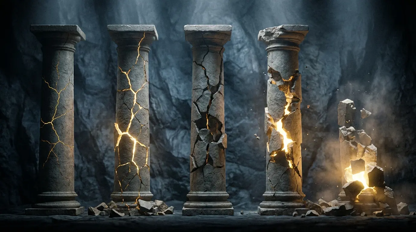 five stone pillars in various stages of crumbling with golden light visible inside each one, dark atmospheric background, representing the five areas of life that commonly collapse during a Tower Moment in manifestation