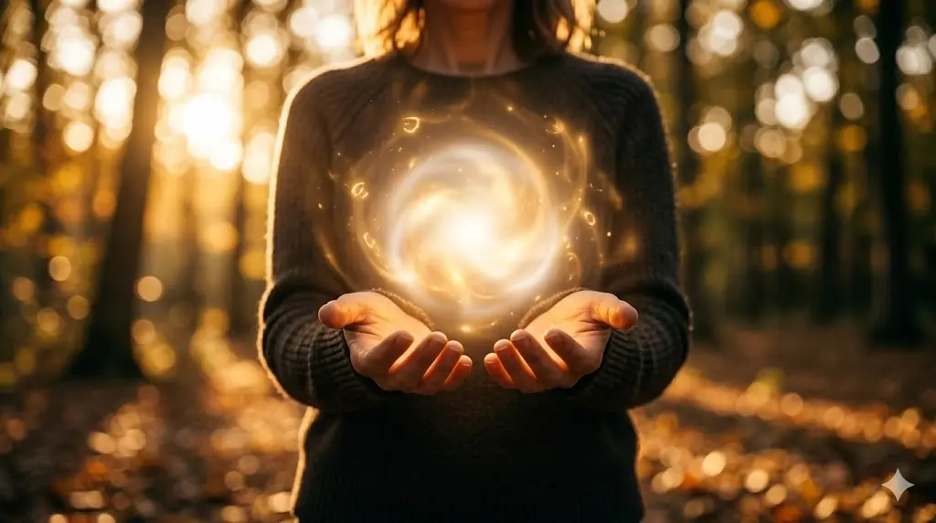 two hands releasing a glowing light between them outdoors at golden hour, symbolizing forgiveness and healing