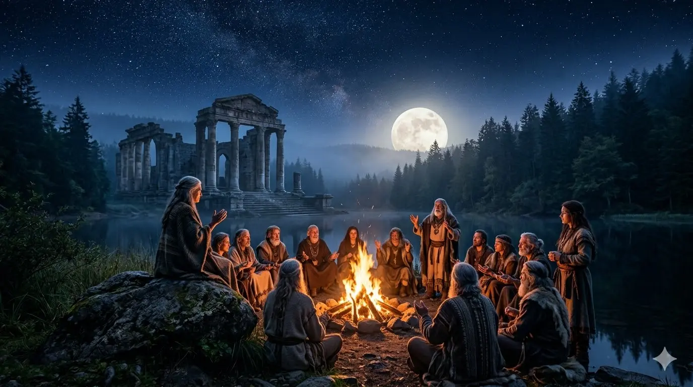 ancient people gathered in a ritual circle under a full moon representing spiritual connection to lunar cycles