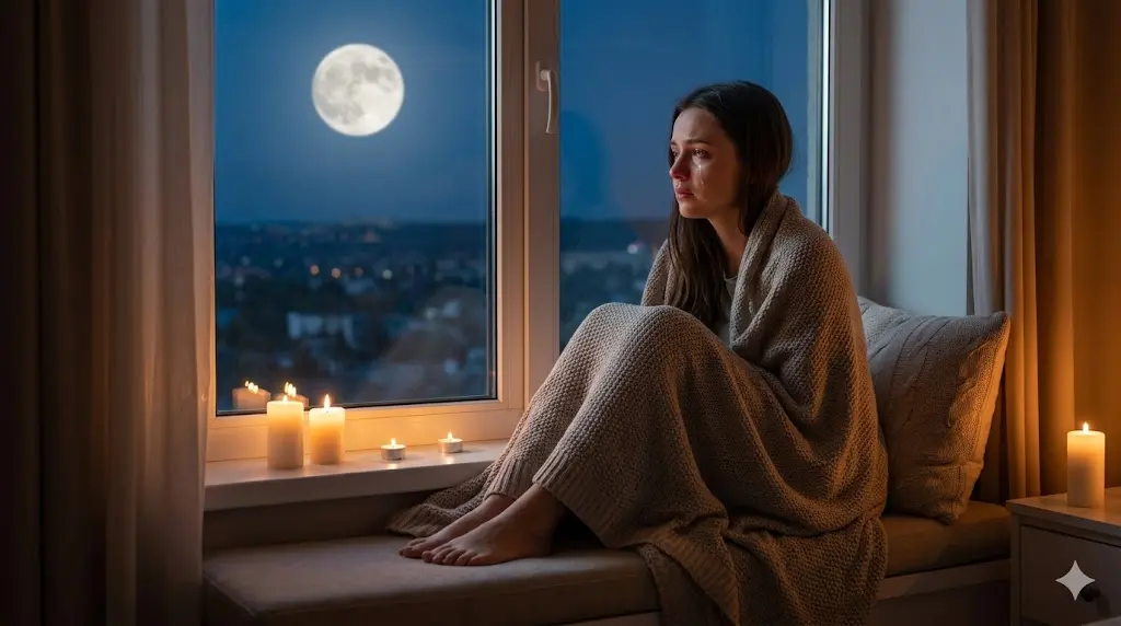 woman sitting alone by a window at night with moonlight falling on her face feeling emotional and reflective
