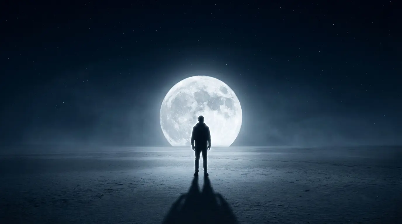 silhouette of a person standing outdoors at night facing a massive full moon, faint silver light radiating from the figure's outline suggesting energetic activation, representing the full moon's effect on the energy body