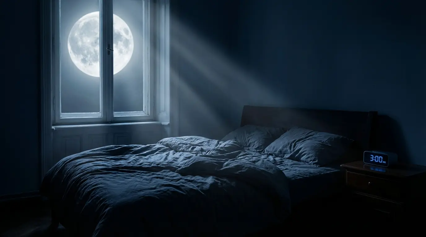 large full moon seen through a bedroom window at night casting bright silver light on tangled bedsheets, alarm clock showing 3 AM, representing full moon insomnia
