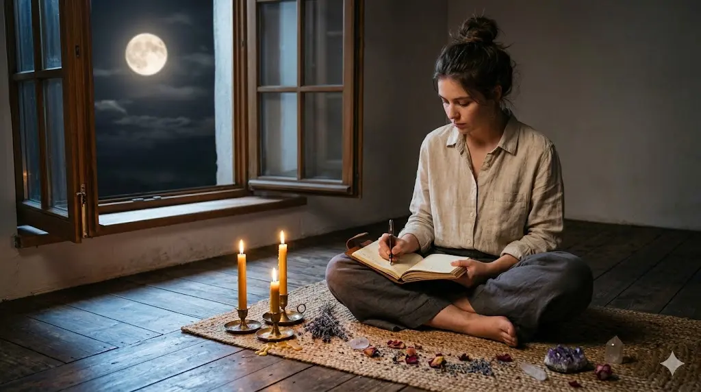 person writing in a journal by candlelight under a full moon as part of a spiritual release ritual