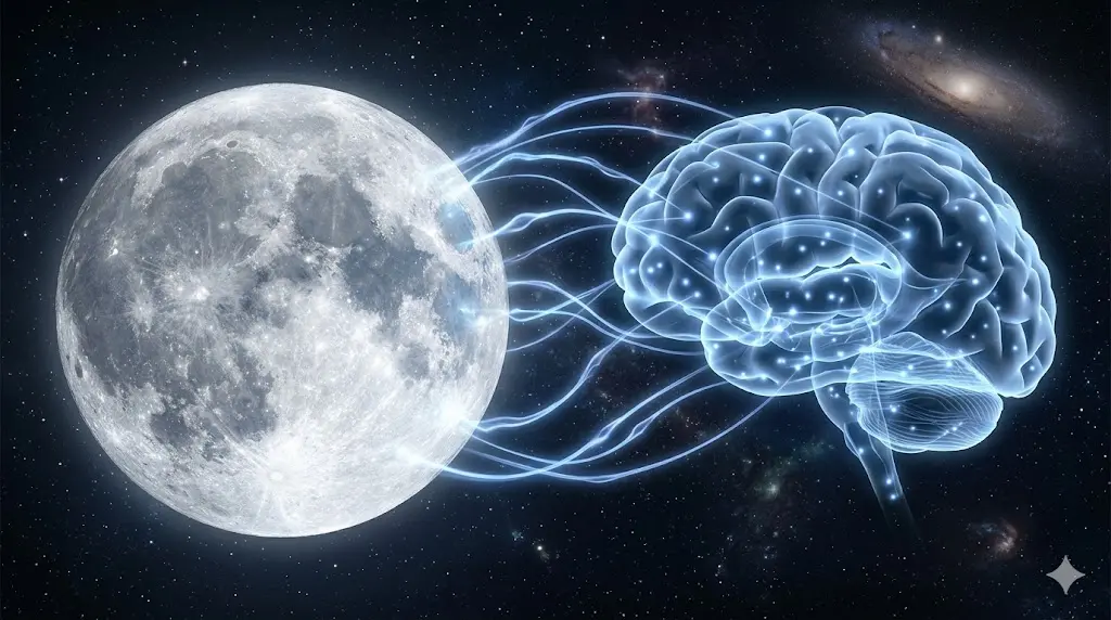 conceptual image of the moon connected to a human brain representing psychological research on lunar effects