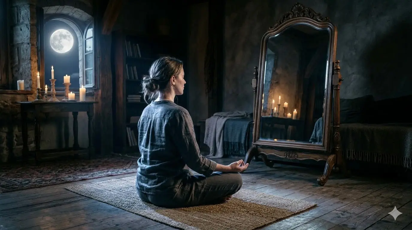person meditating in front of a mirror reflecting moonlight symbolizing self-discovery during full moon