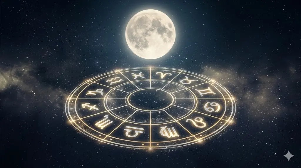 glowing zodiac wheel under a full moon representing how each sign experiences lunar energy