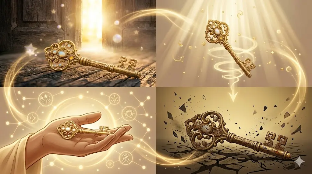 infographic showing four golden key dream scenarios and their spiritual meanings