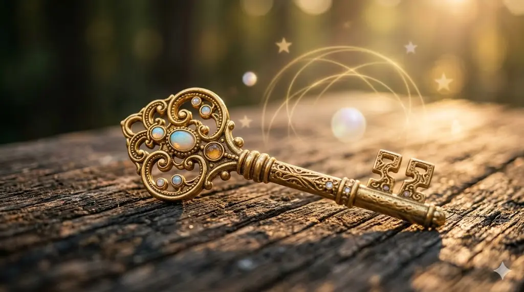 close-up of an ornate golden key on a wooden surface with warm light and spiritual symbols in the background