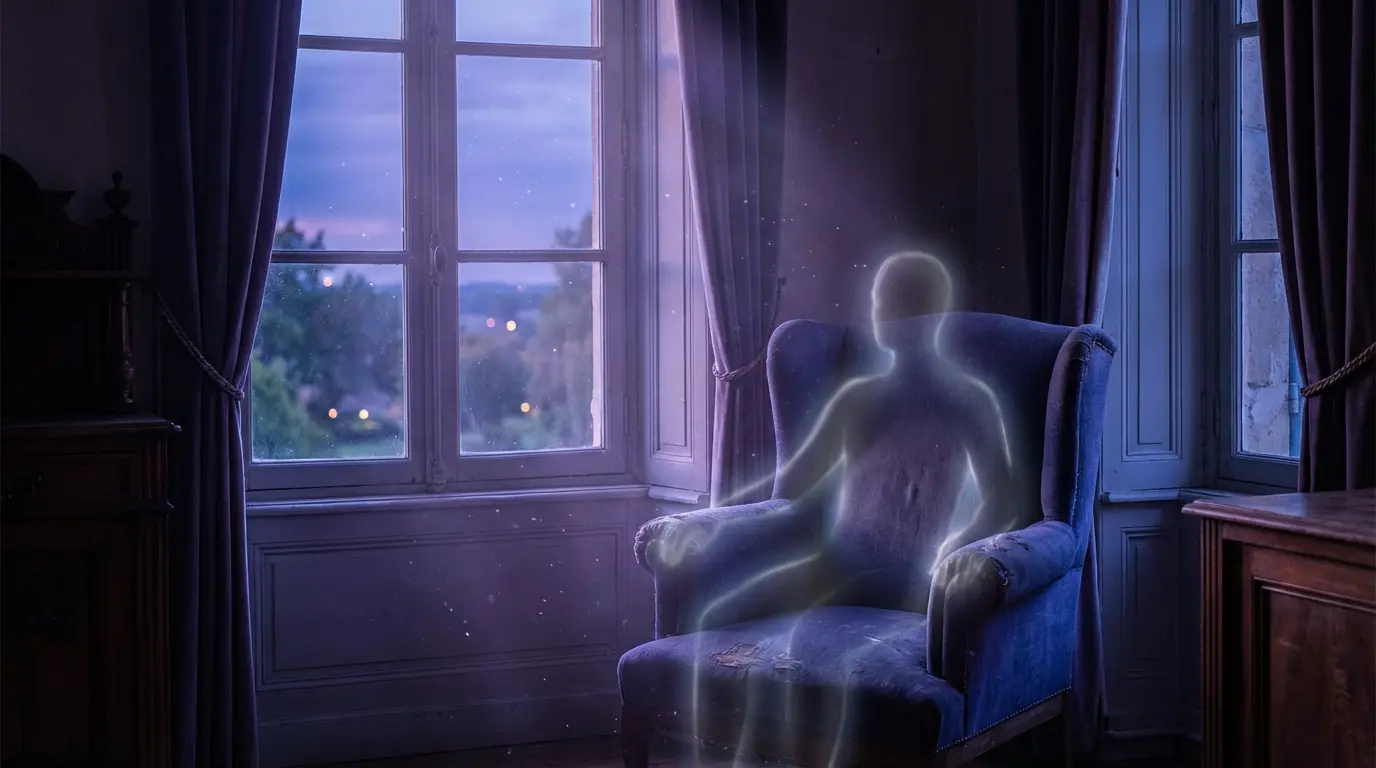 an empty chair near a window at dusk with a faint luminous silhouette suggesting a presence, soft violet and blue light filling the room, representing the felt presence of someone lost
