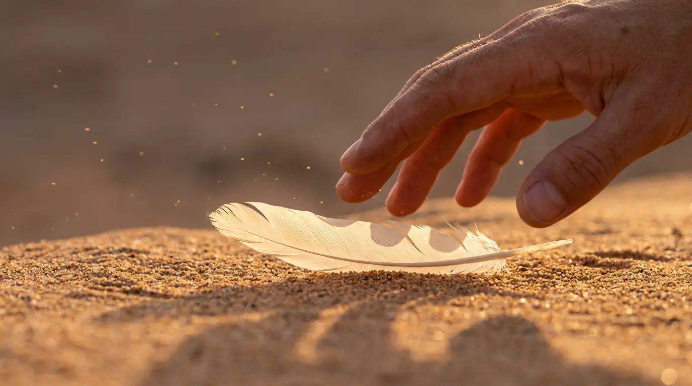 an open hand hovering just above a white feather on warm sandy ground, capturing the moment of decision in a feather dream