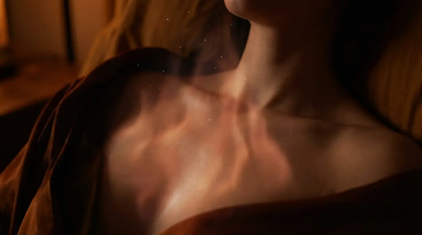 close-up of a person's upper chest and neck area with a visible warm terracotta glow rising from the chest, representing sudden spiritual heat waves during awakening