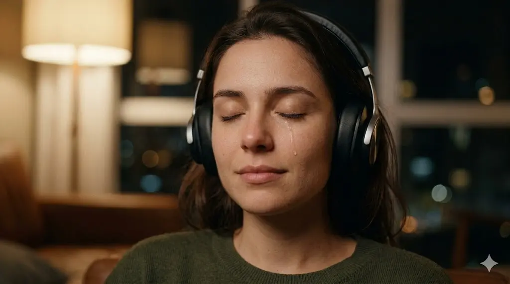 close-up of a person with eyes closed and headphones on, tears gently on their cheeks, surrounded by soft light representing a powerful emotional musical moment