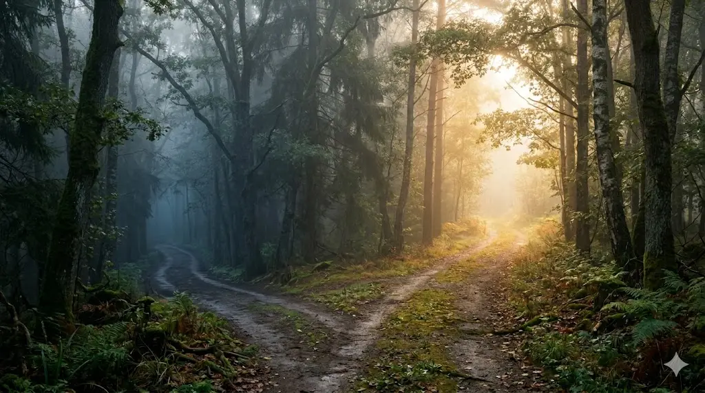two paths diverging in a misty forest, one leading to light and one deeper into shadow, symbolizing the crossroads between spiritual growth and depression