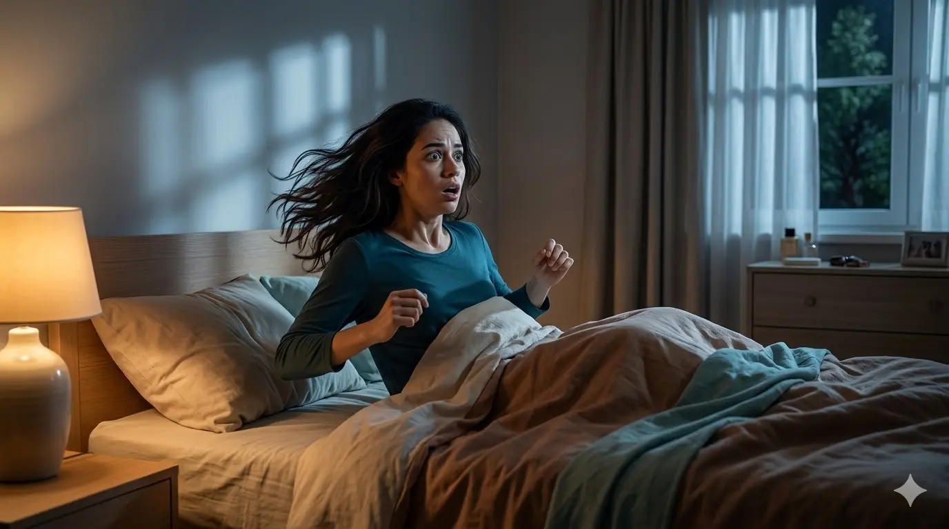 illustration of a person in bed experiencing a hypnagogic jerk while falling asleep, body twitching