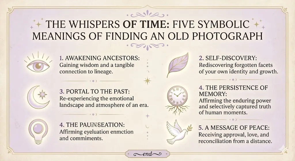 infographic showing the spiritual meanings of finding an old photograph in an unexpected place