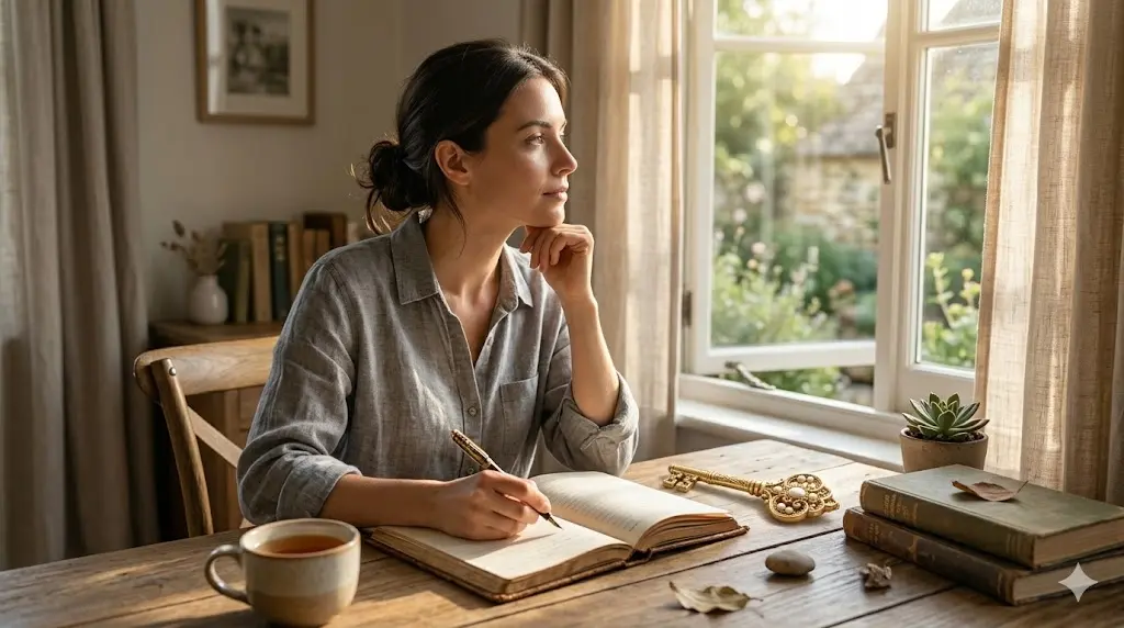 person writing in a journal near a window with warm morning light and a golden key resting on the notebook