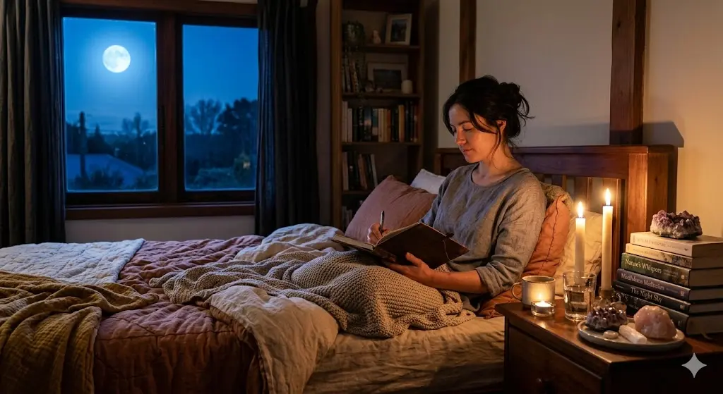 Person writing in a journal at night by candlelight, reflecting on a spiritual experience