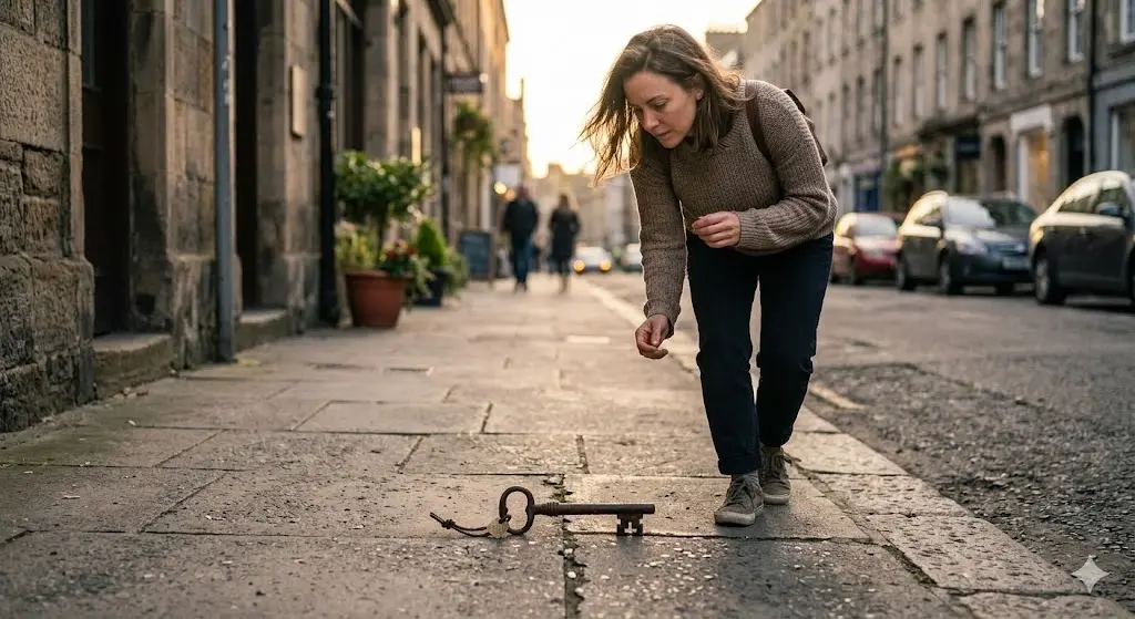 Person pausing on a sidewalk noticing an old key, contemplative mood, urban setting