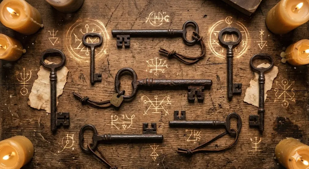 Collection of antique keys with spiritual and mystical symbols in the background