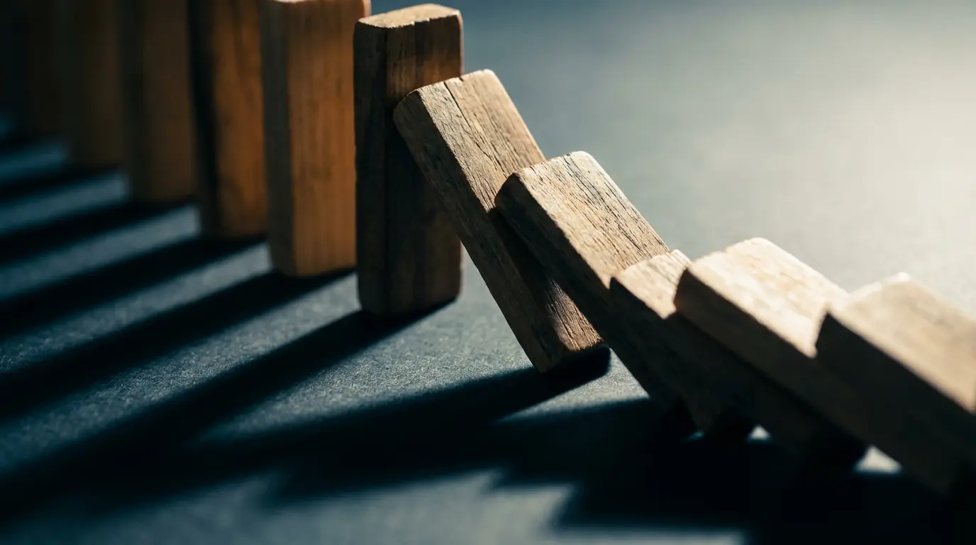 close-up of dominoes falling in a line on a dark surface with dramatic shadows, representing the chain reaction of losing everything at once