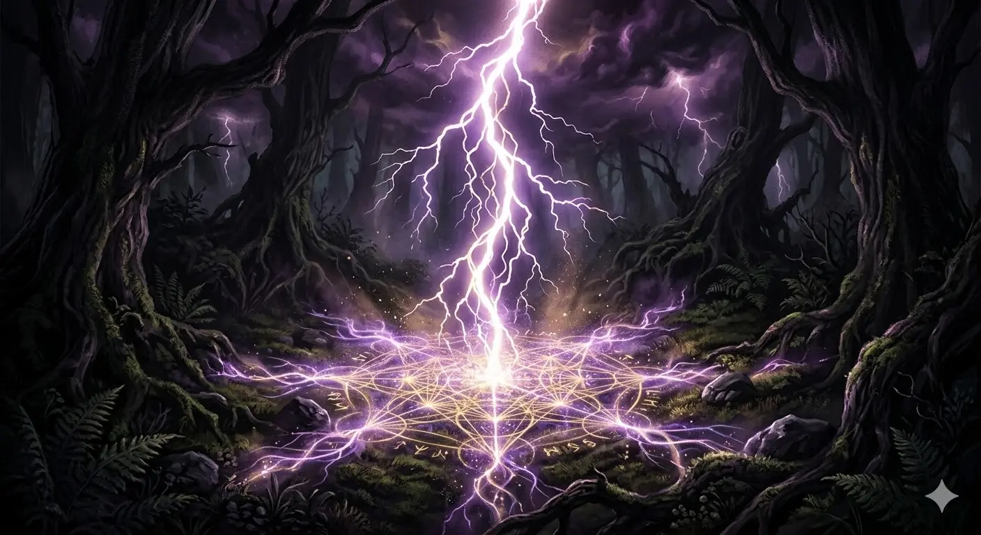 lightning bolt striking a dark forest clearing in a spiritual purple and gold atmosphere