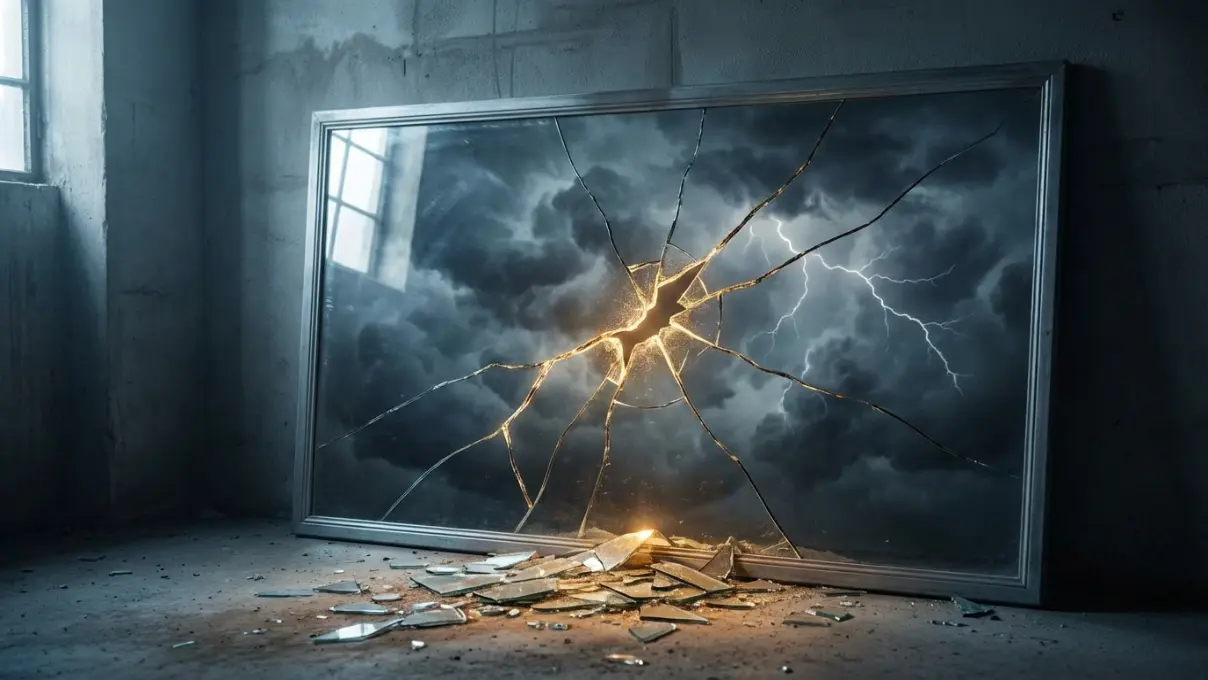 fractured mirror reflecting a stormy sky with a single crack of golden light visible in the glass, representing the broken myths about manifestation going wrong