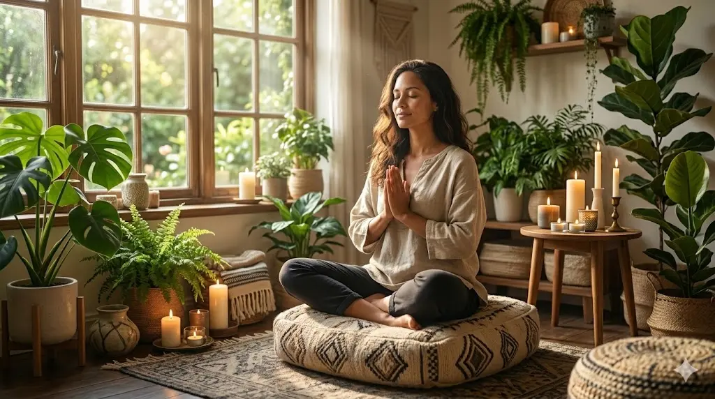 person meditating in a peaceful sunlit room with plants and candles, representing inner peace and spiritual practice