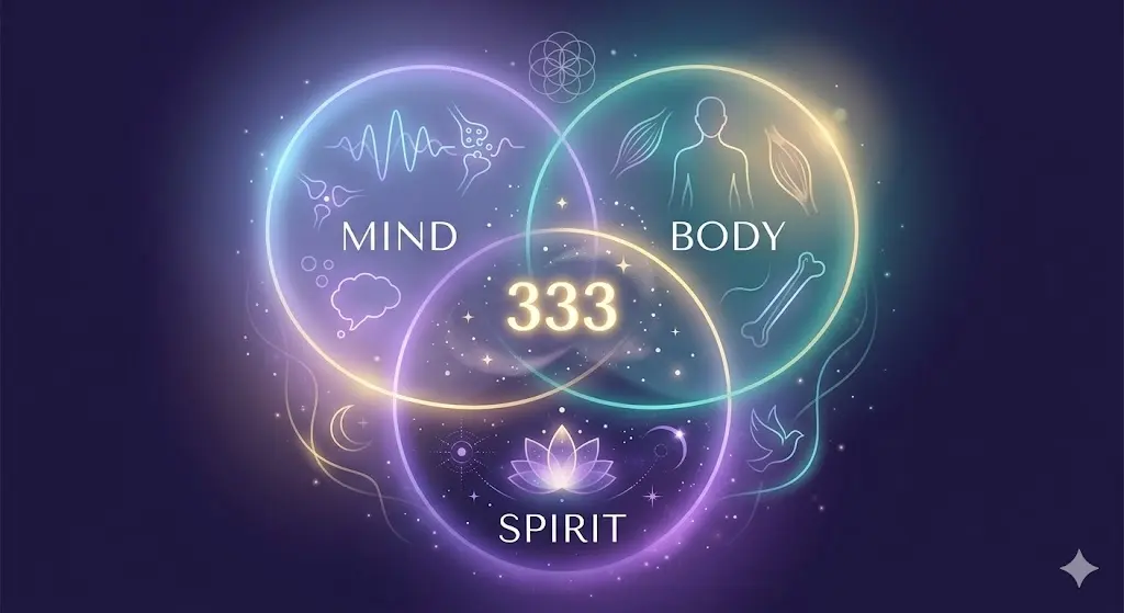 illustration of mind body spirit balance with number 333 and spiritual energy