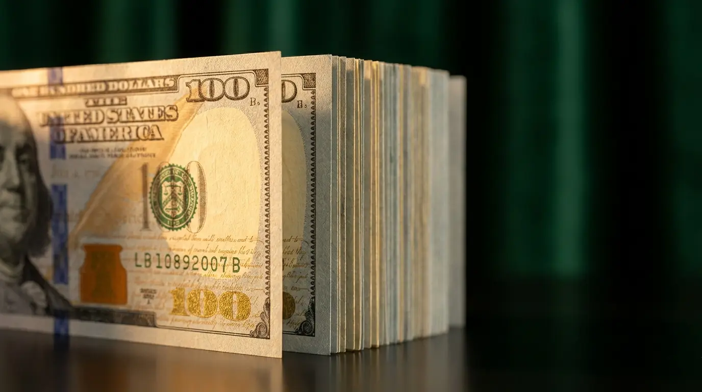 stack of crisp US dollar bills illuminated by warm golden light against a dark green background, representing how money affirmations attract wealth
