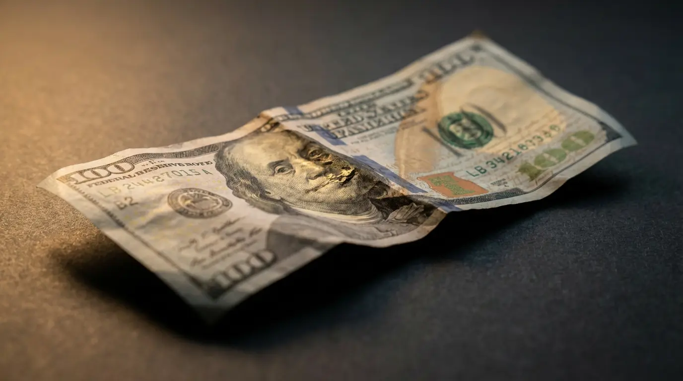 crumpled US dollar bill on a dark surface with dramatic side lighting, symbolizing the scarcity mindset that blocks money affirmations