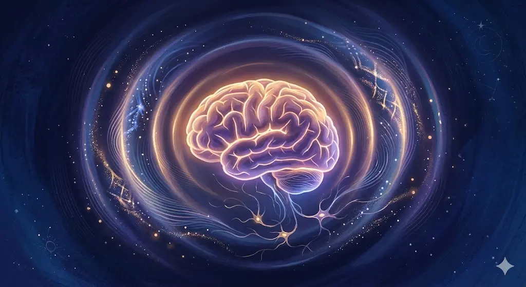 illustration of a human brain with soft waves of light symbolizing morning cortisol and emotional overwhelm