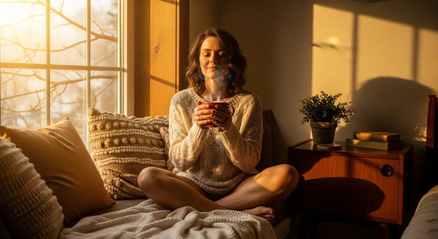 person sitting peacefully near a window with morning light, holding a cup of tea, expression of quiet calm